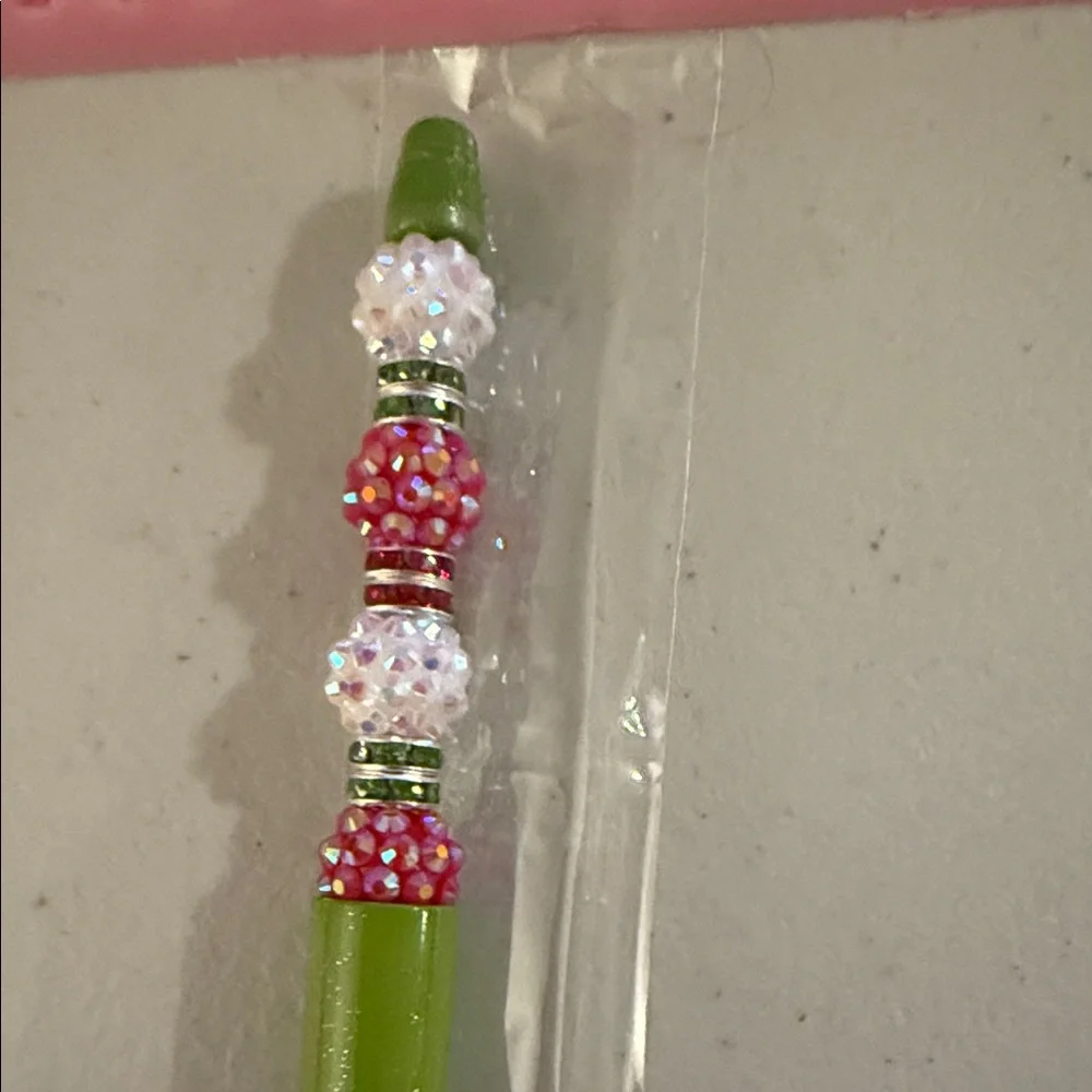 Green Refillable  Ballpoint Pen with Bejeweled Red and White  Beads - Picture 2 of 4